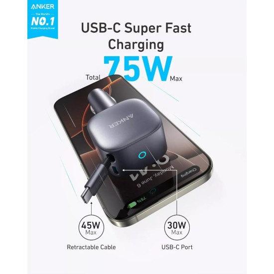 Φορτιστής Αυτοκινήτου Anker Nano 75W Car Charger USB-C 45W + USB-C 30W Port Black 75 cm Retractable Cable Φορτιστής Αυτοκινήτου Anker Nano 75W Car Charger USB-C 45W + USB-C 30W Port Black 75 cm Retractable Cable