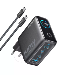 Φορτιστής Anker Zolo 140W GaN με Ψηφιακή Οθόνη 4-Port (3x USB-C + 1x USB-A) & Καλώδιο USB-C - Dark Gray / Black