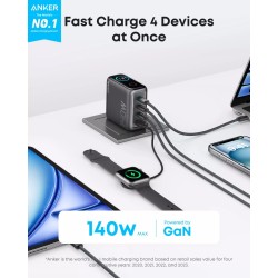 Φορτιστής Anker Zolo 140W GaN με Ψηφιακή Οθόνη 4-Port (3x USB-C + 1x USB-A) & Καλώδιο USB-C - Dark Gray / Black