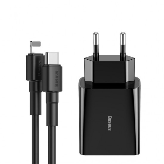 Baseus Charger USB Type C Power Delivery 18 W 3 A + USB Type C Cable - Lightning 2,4 A 1 m Black