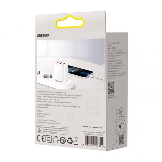 Φορτιστής Baseus Compact Quick Charger, 2xUSB, USB-C, PD, 3A, 30W (White)