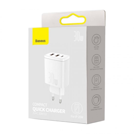 Φορτιστής Baseus Compact Quick Charger, 2xUSB, USB-C, PD, 3A, 30W (White)