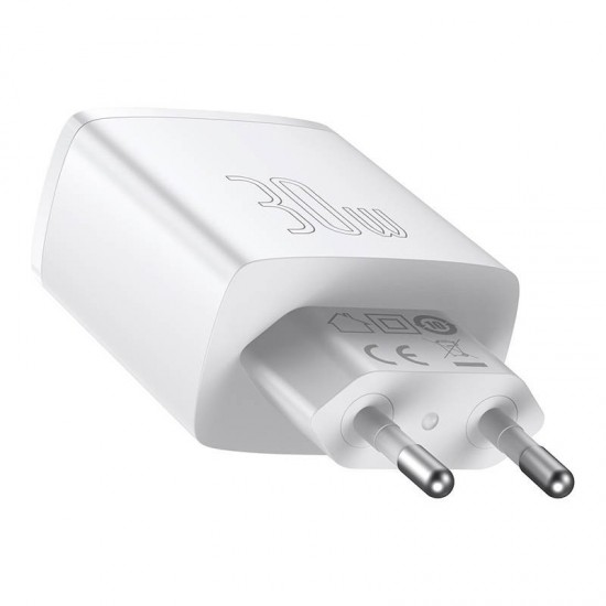 Φορτιστής Baseus Compact Quick Charger, 2xUSB, USB-C, PD, 3A, 30W (White)