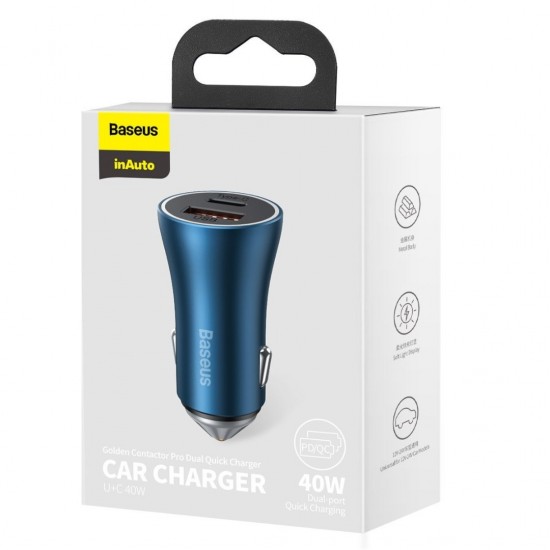 Φορτιστής Αυτοκινήτου Baseus Golden Contactor Pro, USB + USB-C, QC4.0+, PD, SCP, 40W (Μπλε) Φορτιστής Αυτοκινήτου Baseus Golden Contactor Pro, USB + USB-C, QC4.0+, PD, SCP, 40W (Μπλε)