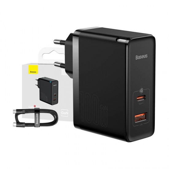 Φορτιστής Baseus GaN USB-C+USB, 100W με Καλώδιο 1m (Μαύρο)