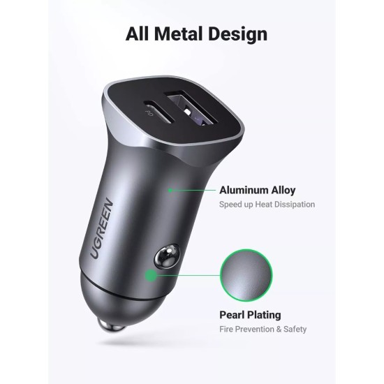 Φορτιστής Αυτοκινήτου UGREEN 30W USB-C USB-A PD QC 3.0 Grey Φορτιστής Αυτοκινήτου UGREEN 30W USB-C USB-A PD QC 3.0 Grey