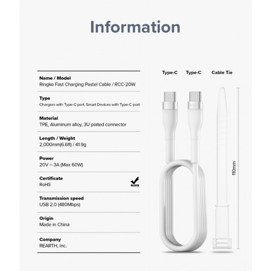 Καλώδιο Ringke Fast Charging Pastel Cable C Type - C Type 2m White (CB60204RS) Καλώδιο Ringke Fast Charging Pastel Cable C Type - C Type 2m White (CB60204RS)