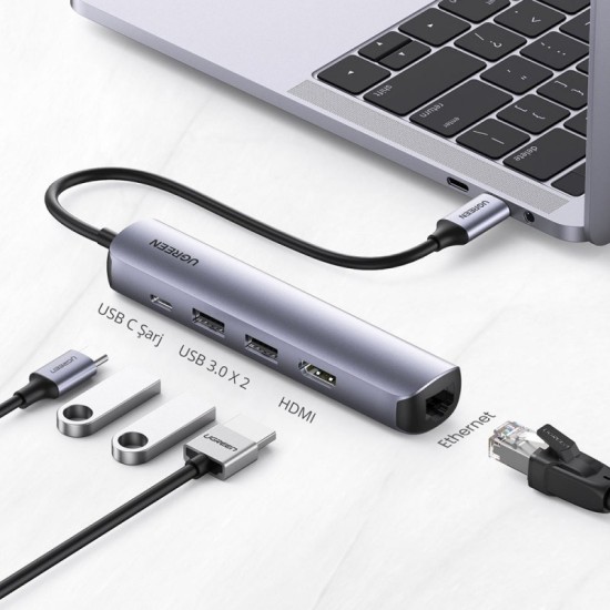 Ugreen USB-C Hub  CM418 (10919)  2 x USB-A 3.0 - 1 x USB-C - 1 x HDMI - 1 x RJ45 Grey