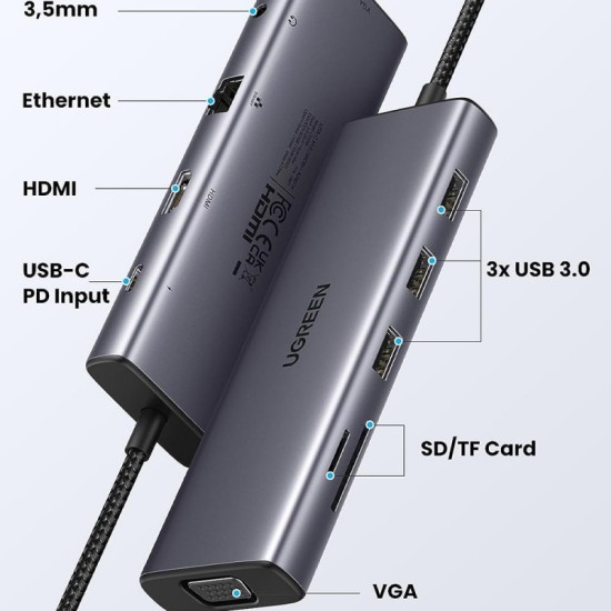 USB-C Hub UGREEN CM498 (15601) 3 x USB-A 3.0 - 1 x USB-C - 1 x HDMI - 1 x VGA - 1 x Jack 3.5mm - 1 x RJ45 - 1 x SD - 1 x microSD Grey USB-C Hub UGREEN CM498 (15601) 3 x USB-A 3.0 - 1 x USB-C - 1 x HDMI - 1 x VGA - 1 x Jack 3.5mm - 1 x RJ45 - 1 x SD - 1 x microSD Grey