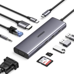 USB-C Hub UGREEN CM498 (15601) 3 x USB-A 3.0 - 1 x USB-C - 1 x HDMI - 1 x VGA - 1 x Jack 3.5mm - 1 x RJ45 - 1 x SD - 1 x microSD Grey